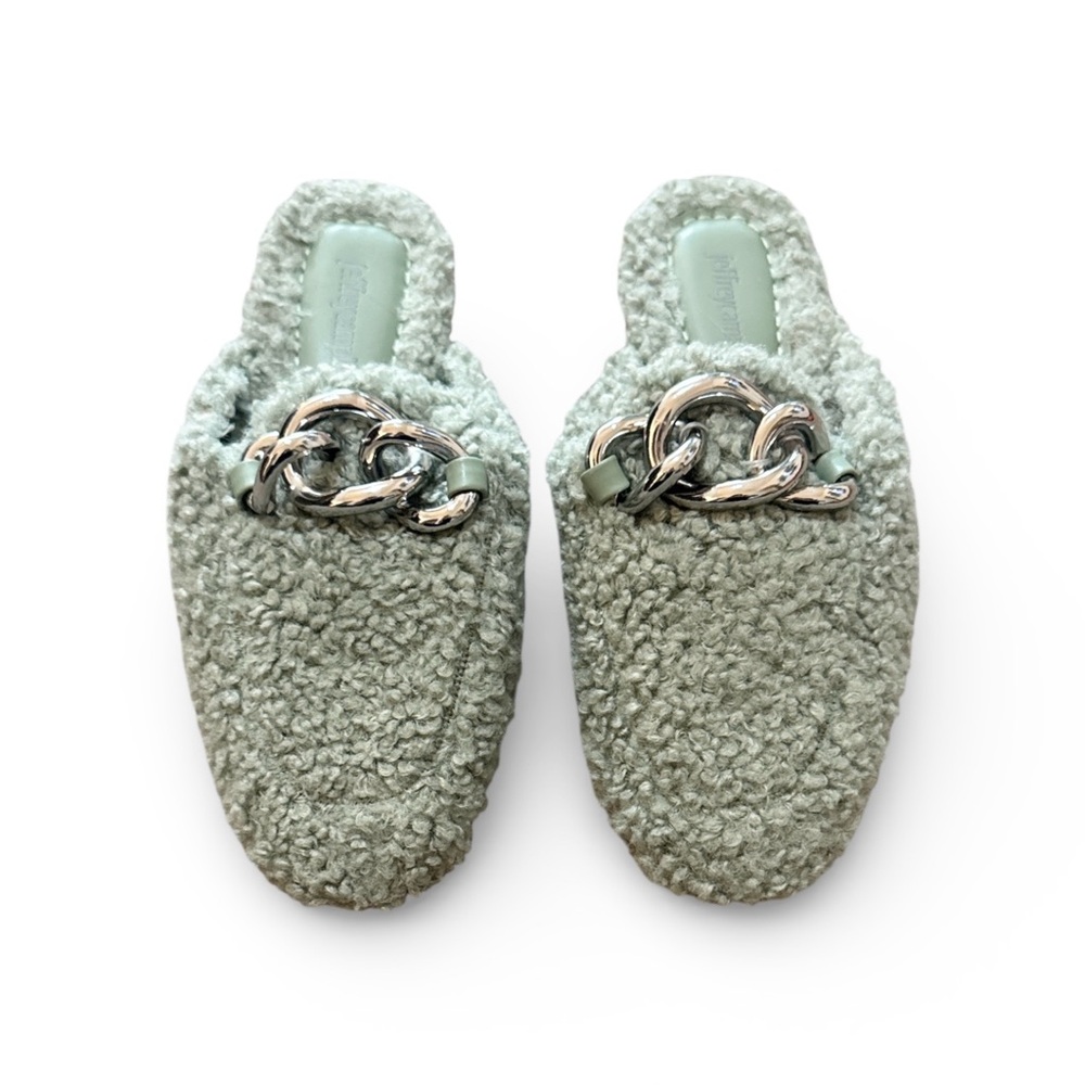 Jeffrey Campbell Women’s Beagle Faux Shearling Teddy Silver Chain Mules Size 7.5